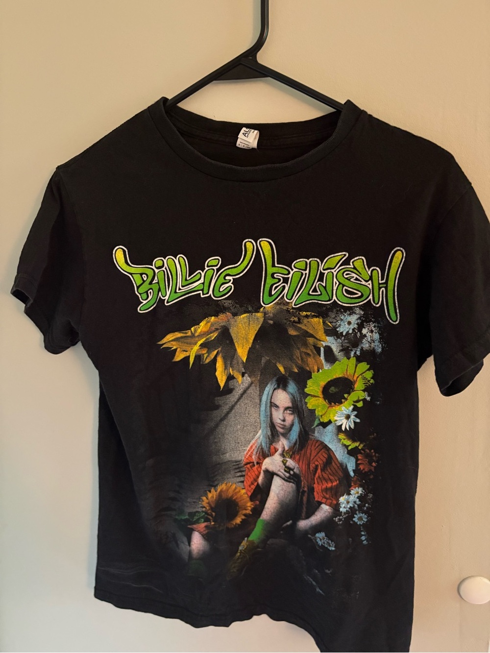 Juniors Billie Eilish Black Graphic Tee - Green Accents